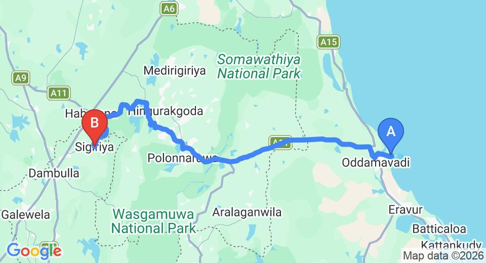 Driving route map: Pasikuda to Sigiriya (125 km, approx 2 h 36 min private transfer)