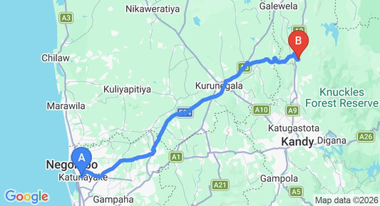 Driving route map: Colombo Airport (CMB) to Puwakpitiya (126 km, approx 2 h 57 min private transfer)