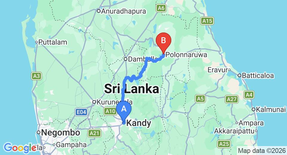 Driving route map: Kandy to Polonnaruwa (128 km, approx 3 h 11 min private transfer)