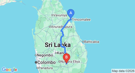 Driving route map: Trincomalee to Ella (264 km, approx 5 h 41 min private transfer)