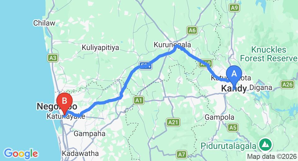 Driving route map: Kandy to Colombo Airport (CMB) (114 km, approx 2 h 47 min private transfer)