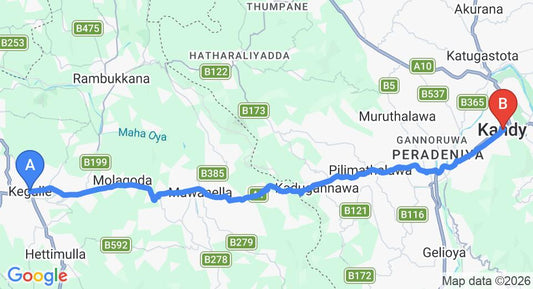 Driving route map: Kegalle to Kandy (38 km, approx 1 h 17 min private transfer)