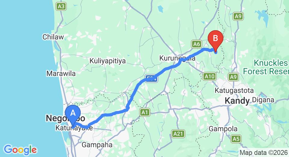 Driving route map: Colombo Airport (CMB) to Kithulwala (95 km, approx 2 h 12 min private transfer)