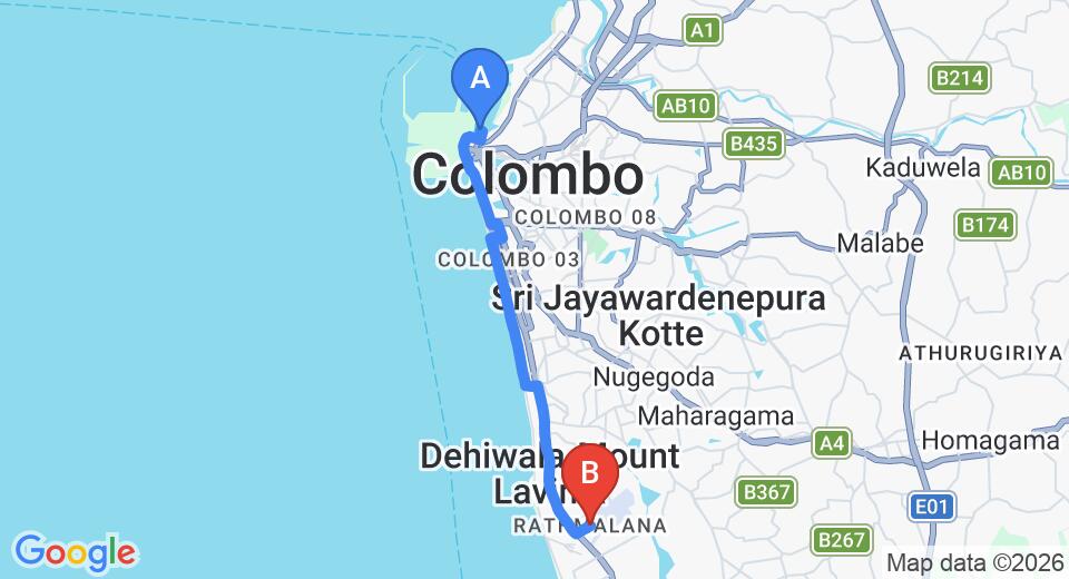 Driving route map: Colombo Seaport to Ratmalana (17 km, approx 41 min private transfer)