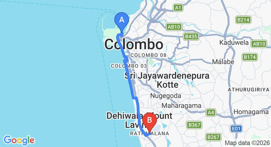 Driving route map: Colombo Seaport to Ratmalana (17 km, approx 41 min private transfer)