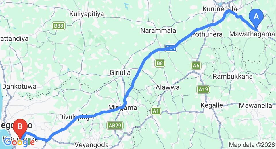 Driving route map: Mawathagama to Colombo Airport (CMB) (83 km, approx 1 h 50 min private transfer)