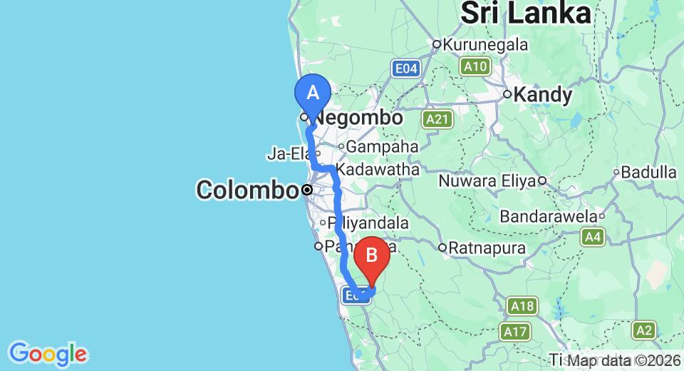 Driving route map: Colombo Airport (CMB) to Hiriketiya (97 km, approx 1 h 34 min private transfer)