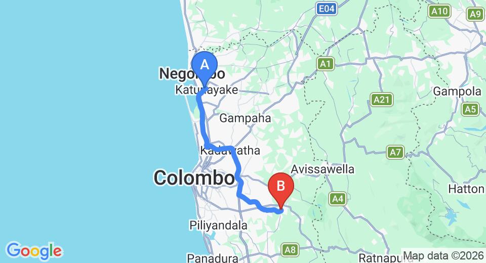 Driving route map: Colombo Airport (CMB) to Padukka (59 km, approx 1 h 11 min private transfer)