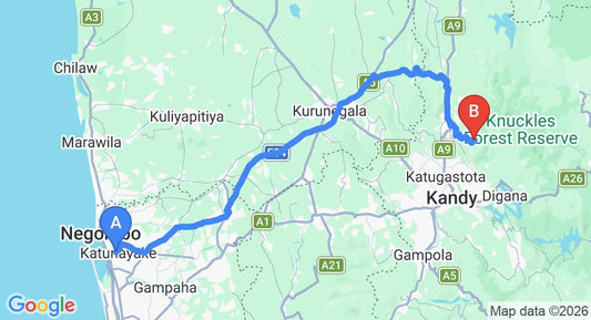 Driving route map: Colombo Airport (CMB) to Elkaduwa (139 km, approx 3 h 32 min private transfer)