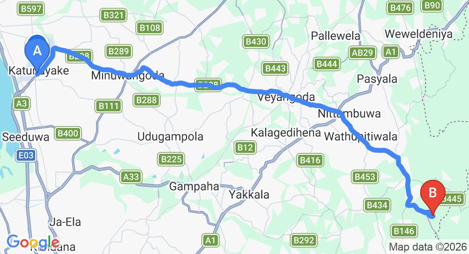 Driving route map: Colombo Airport (CMB) to Bopagama (39 km, approx 1 h 17 min private transfer)