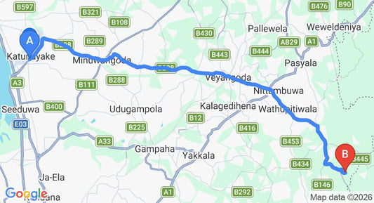 Driving route map: Colombo Airport (CMB) to Bopagama (39 km, approx 1 h 17 min private transfer)