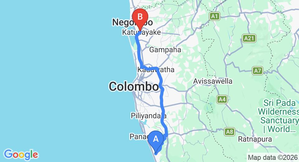 Driving route map: Wadduwa to Colombo Airport (CMB) (74 km, approx 1 h 12 min private transfer)