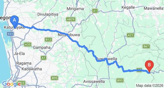 Driving route map: Colombo Airport (CMB) to Forest Edge, Kitulgala (84 km, approx 2 h 29 min private transfer)