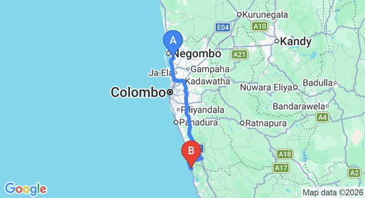 Driving route map: Colombo Airport (CMB) to Villa Angeles, Induruwa (114 km, approx 1 h 51 min private transfer)