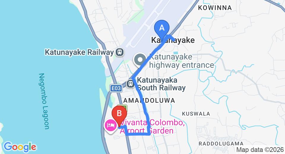 Driving route map: Colombo Airport (CMB) to Hansa Villa, Negombo (6 km, approx 16 min private transfer)