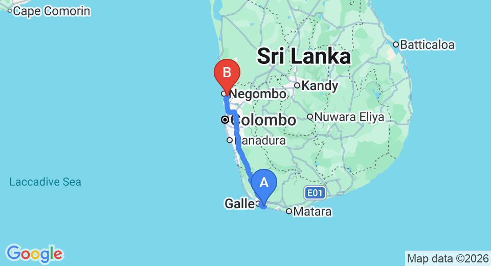 Driving route map: Talpe to Colombo Airport (CMB) (154 km, approx 2 h 9 min private transfer)