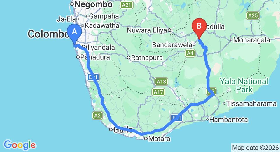 Driving route map: Ratmalana (RML) Airport to Ella (295 km, approx 4 h 37 min private transfer)