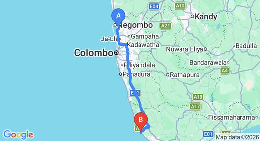 Driving route map: Colombo Airport (CMB) to Avenra Beach Hotel, Hikkaduwa (143 km, approx 2 h 8 min private transfer)