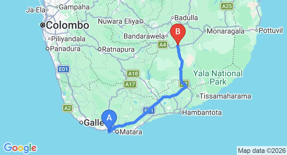 Driving route map: Mirissa to Wellawaya (147 km, approx 2 h 28 min private transfer)