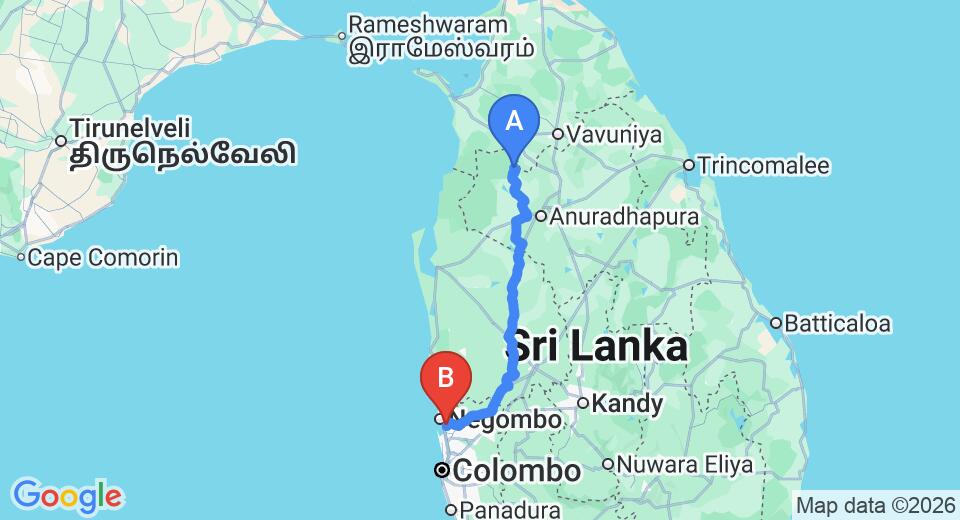 Driving route map: Thanthirimale to Colombo Airport (CMB) (212 km, approx 4 h 30 min private transfer)