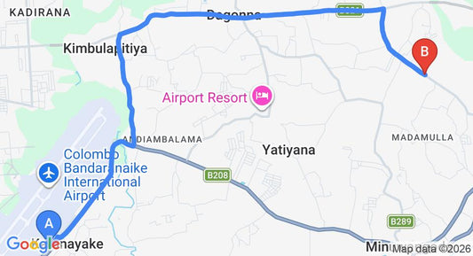 Driving route map: Colombo Airport (CMB) to Katuwellegama (12 km, approx 23 min private transfer)