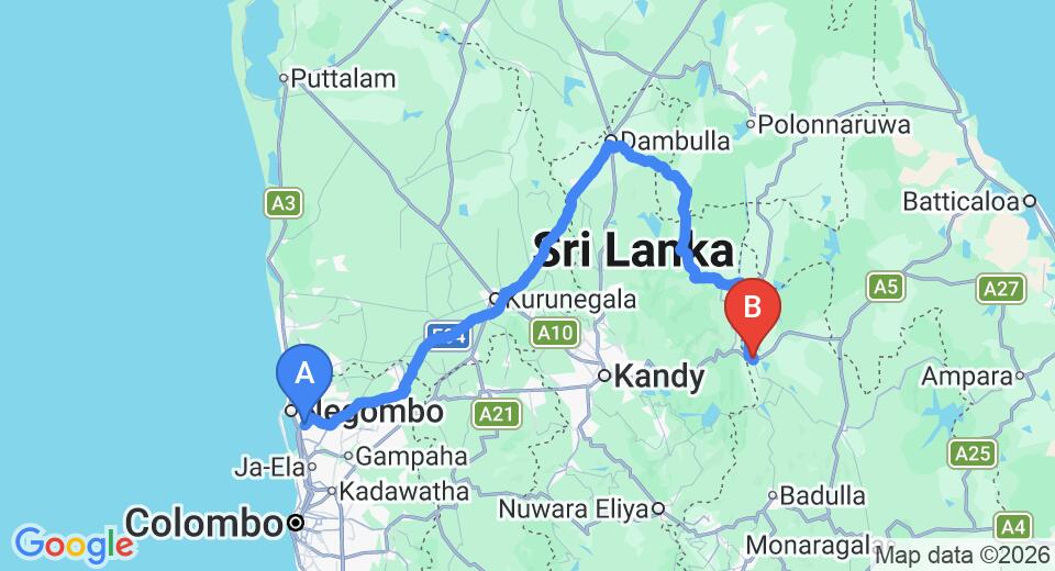 Driving route map: Colombo Airport (CMB) to Themiya Sevena, Mahiyanganaya (221 km, approx 4 h 39 min private transfer)