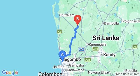 Driving route map: Colombo Airport (CMB) to Nawana (105 km, approx 2 h 34 min private transfer)