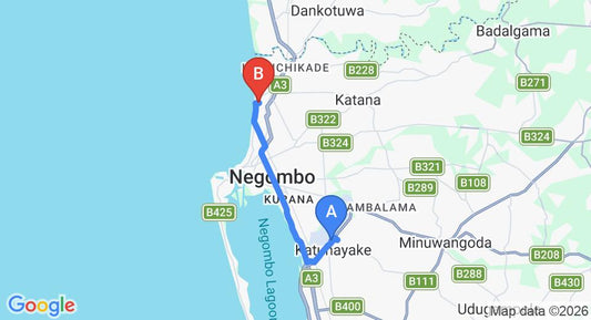 Driving route map: Colombo Airport (CMB) to The Villa 7, Negombo (14 km, approx 34 min private transfer)