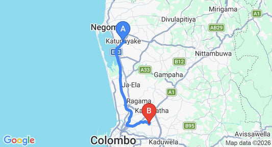 Driving route map: Colombo Airport (CMB) to Makola (33 km, approx 43 min private transfer)