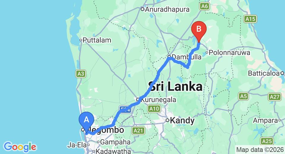 Driving route map: Colombo Airport (CMB) to Giritale (184 km, approx 3 h 46 min private transfer)
