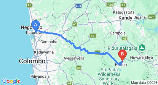 Driving route map: Colombo Airport (CMB) to Serene Rest, Kotagala (121 km, approx 3 h 44 min private transfer)
