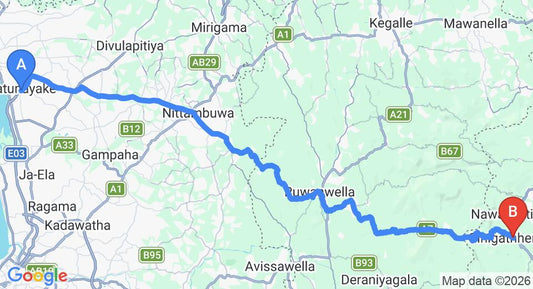 Driving route map: Colombo Airport (CMB) to Ginigathhena (96 km, approx 2 h 54 min private transfer)