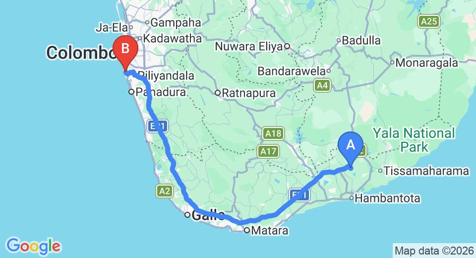 Driving route map: Mattala (HRI) Airport to Ratmalana (RML) Airport (214 km, approx 2 h 56 min private transfer)