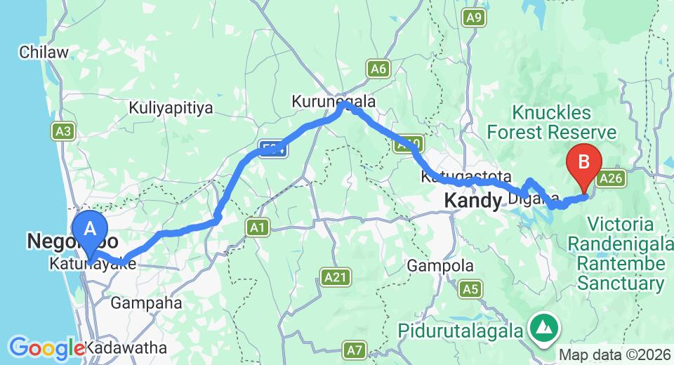 Driving route map: Colombo Airport (CMB) to Hunnasgiriya (150 km, approx 3 h 54 min private transfer)