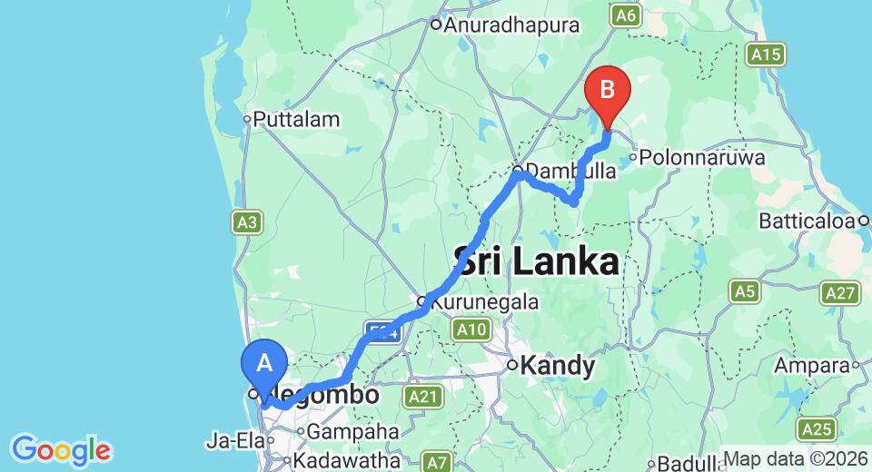 Driving route map: Colombo Airport (CMB) to The Deer Park Hotel, Polonnaruwa (182 km, approx 3 h 44 min private transfer)