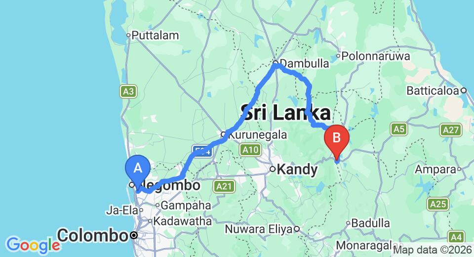Driving route map: Colombo Airport (CMB) to Kevan's Casa City Hotel, Mahiyanganaya (220 km, approx 4 h 38 min private transfer)