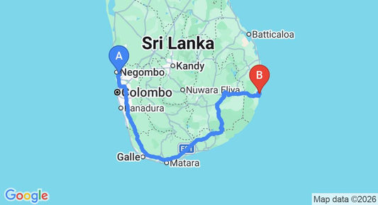 Driving route map: Colombo Airport (CMB) to Whisky Point Resort, Arugam Bay (422 km, approx 6 h 31 min private transfer)