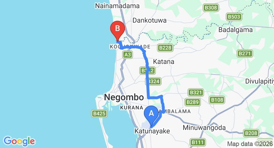 Driving route map: Colombo Airport (CMB) to Vaaya Beach Hotel, Negombo (18 km, approx 41 min private transfer)