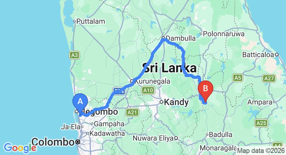 Driving route map: Colombo Airport (CMB) to Mapakada Village, Mahiyangana, Mahiyanganaya (231 km, approx 4 h 50 min private transfer)