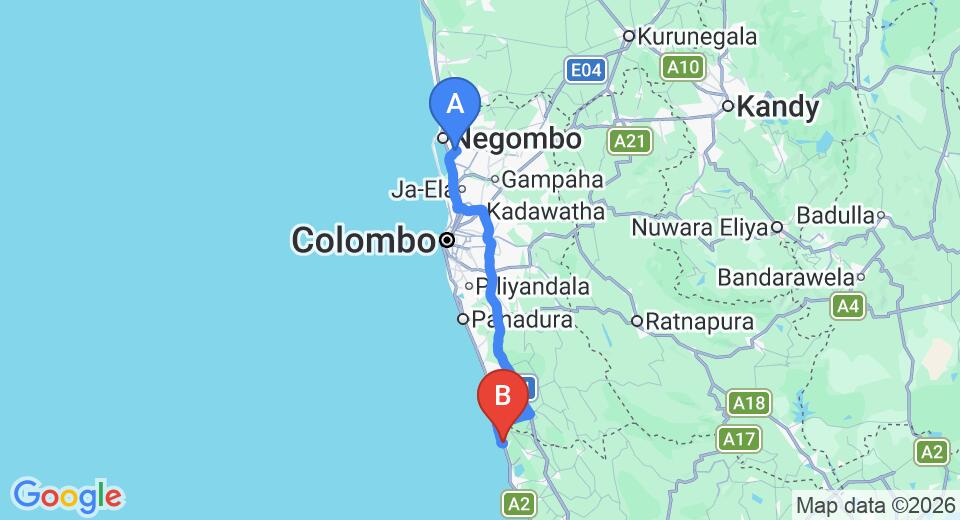 Driving route map: Colombo Airport (CMB) to Siriniwasa Villa Induruwa, Induruwa (114 km, approx 1 h 50 min private transfer)