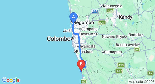 Driving route map: Colombo Airport (CMB) to Siriniwasa Villa Induruwa, Induruwa (114 km, approx 1 h 50 min private transfer)