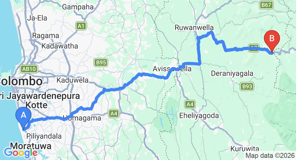 Driving route map: Ratmalana (RML) Airport to Kitulgala (89 km, approx 2 h 51 min private transfer)