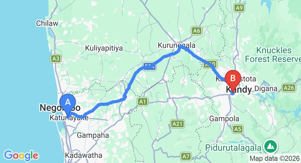 Driving route map: Colombo Airport (CMB) to Oakray Regency, Kandy (112 km, approx 2 h 46 min private transfer)
