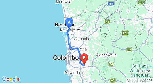 Driving route map: Colombo Airport (CMB) to Habarakada (49 km, approx 52 min private transfer)