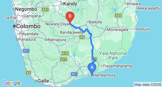 Driving route map: Hambantota to Nuwara Eliya (165 km, approx 4 h 5 min private transfer)