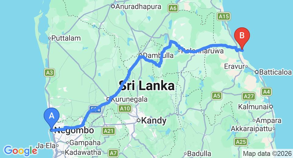 Driving route map: Negombo to Pasikuda (269 km, approx 5 h 27 min private transfer)