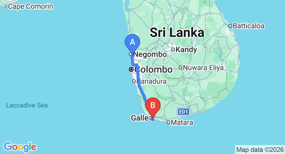 Driving route map: Colombo Airport (CMB) to Sun Shine Inn, Unawatuna (154 km, approx 2 h 10 min private transfer)
