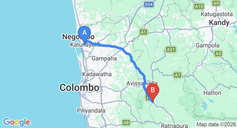 Driving route map: Colombo Airport (CMB) to Eheliyagoda (69 km, approx 2 h 0 min private transfer)