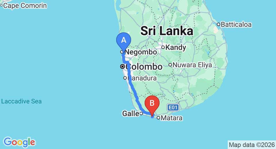 Driving route map: Colombo Airport (CMB) to Taprobane Island, Weligama (172 km, approx 2 h 26 min private transfer)