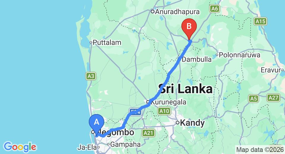 Driving route map: Colombo Airport (CMB) to Sungreen Resort and Spa, Habarana (153 km, approx 3 h 17 min private transfer)